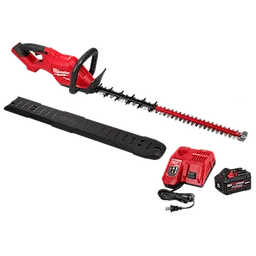 Image of the M18 FUEL™ 30" Hedge Trimmer Kit, which includes a red and black hedge trimmer, black protective blade cover, red battery charger, black power cord, and black battery.