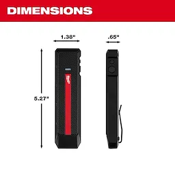Milwaukee Rechargeable Flat Flashlight w/ Green Laser shown front and side with labeled height, width, and thickness.