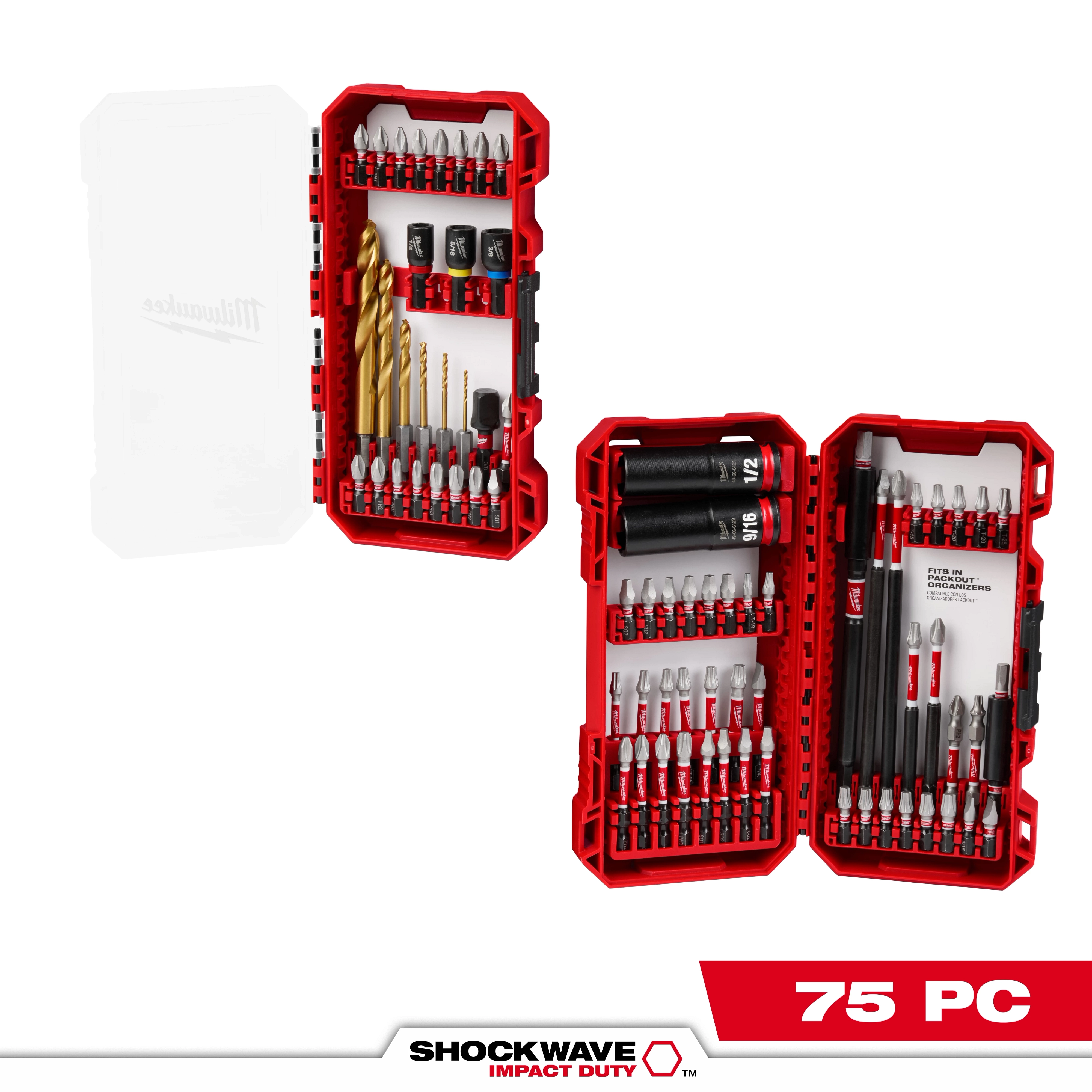 The SHOCKWAVE™ Impact Duty Drill, Drive & Fasten Set – 75PC includes various sizes of drill bits, driver bits, sockets, and adapters. It is displayed in red, hard plastic cases with multiple compartments, showcasing the tools organized neatly. The text "75 PC" is visible at the bottom.