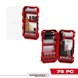 The SHOCKWAVE™ Impact Duty Drill, Drive & Fasten Set – 75PC includes various sizes of drill bits, driver bits, sockets, and adapters. It is displayed in red, hard plastic cases with multiple compartments, showcasing the tools organized neatly. The text "75 PC" is visible at the bottom.