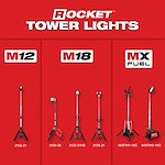 "Image showing Rocket Tower Lights with product codes under M12, M18, and MX Fuel categories against a red background."