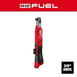 The image features an M12 FUEL™ 3/8" Ratchet, a red and black power tool designed for fastening applications. The ratchet has a compact design with a paddle switch for comfortable use and a 3/8-inch anvil. The tool branding is visible on the body. Red background with M12 FUEL™ logo.