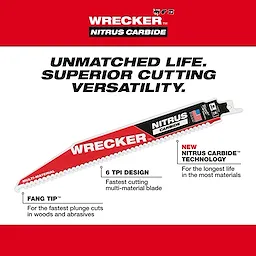 The Wrecker with Nitrus Carbide Walkaround features a multi-material blade with 6 TPI design for fast cutting. It includes a Fang Tip for quick plunge cuts in wood and abrasives, and Nitrus Carbide technology for extended durability in various materials. Slogan: "Unmatched Life. Superior Cutting Versatility."