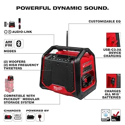 The M18 Bluetooth Jobsite Radio + Charger features powerful dynamic sound, customizable EQ, AM/FM and Bluetooth modes, two woofers, two high-frequency tweeters, and USB-C 3.0A for device charging. It is compatible with the PACKOUT modular storage system and charges all M18 batteries.