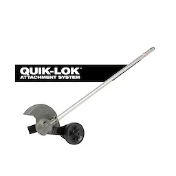 QUIK-LOK Edger Attachment with long metal shaft, blade guard, and single wheel on white background.