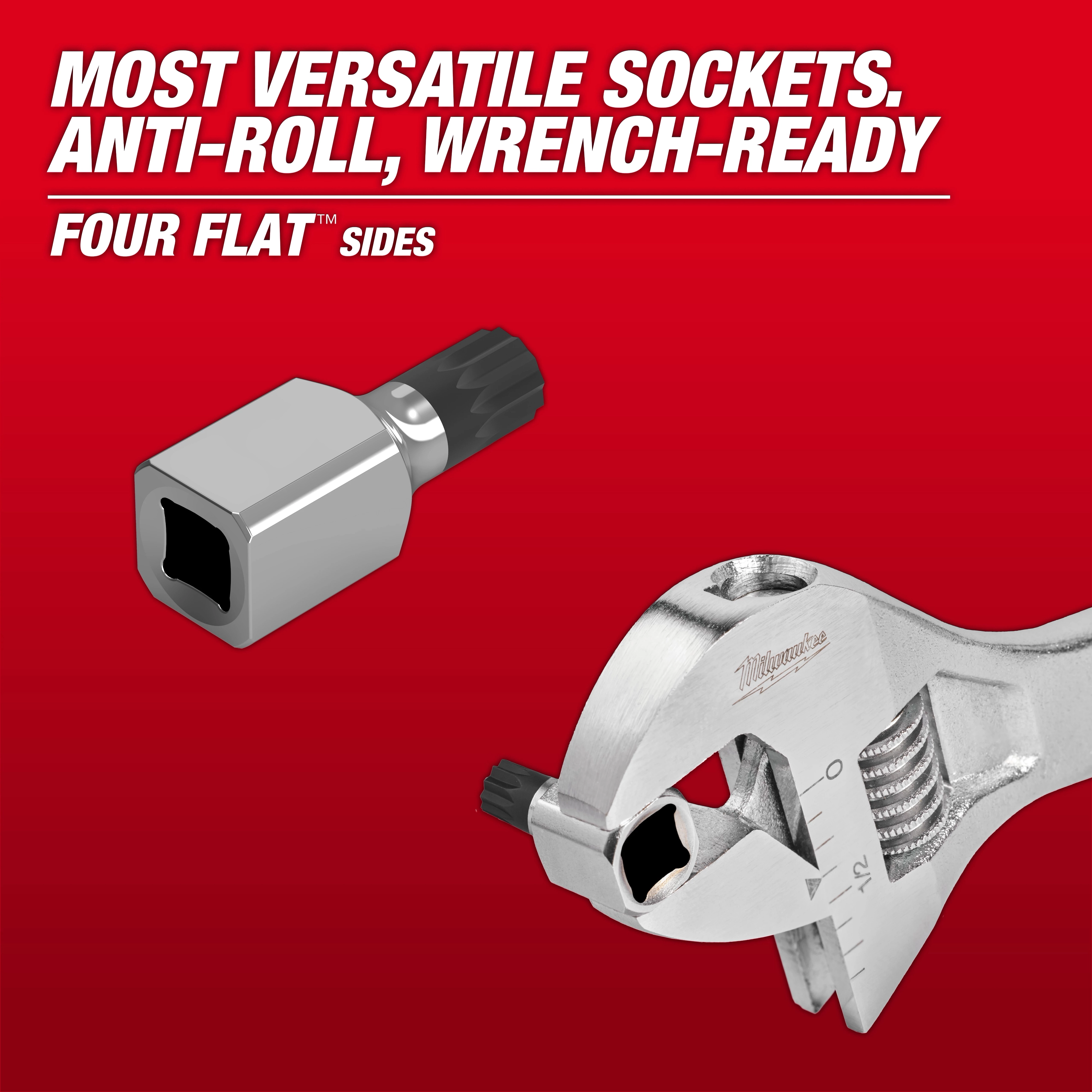 Triple Square Bit Socket with four flat sides highlighted, shown clamped in an adjustable wrench on a red background.