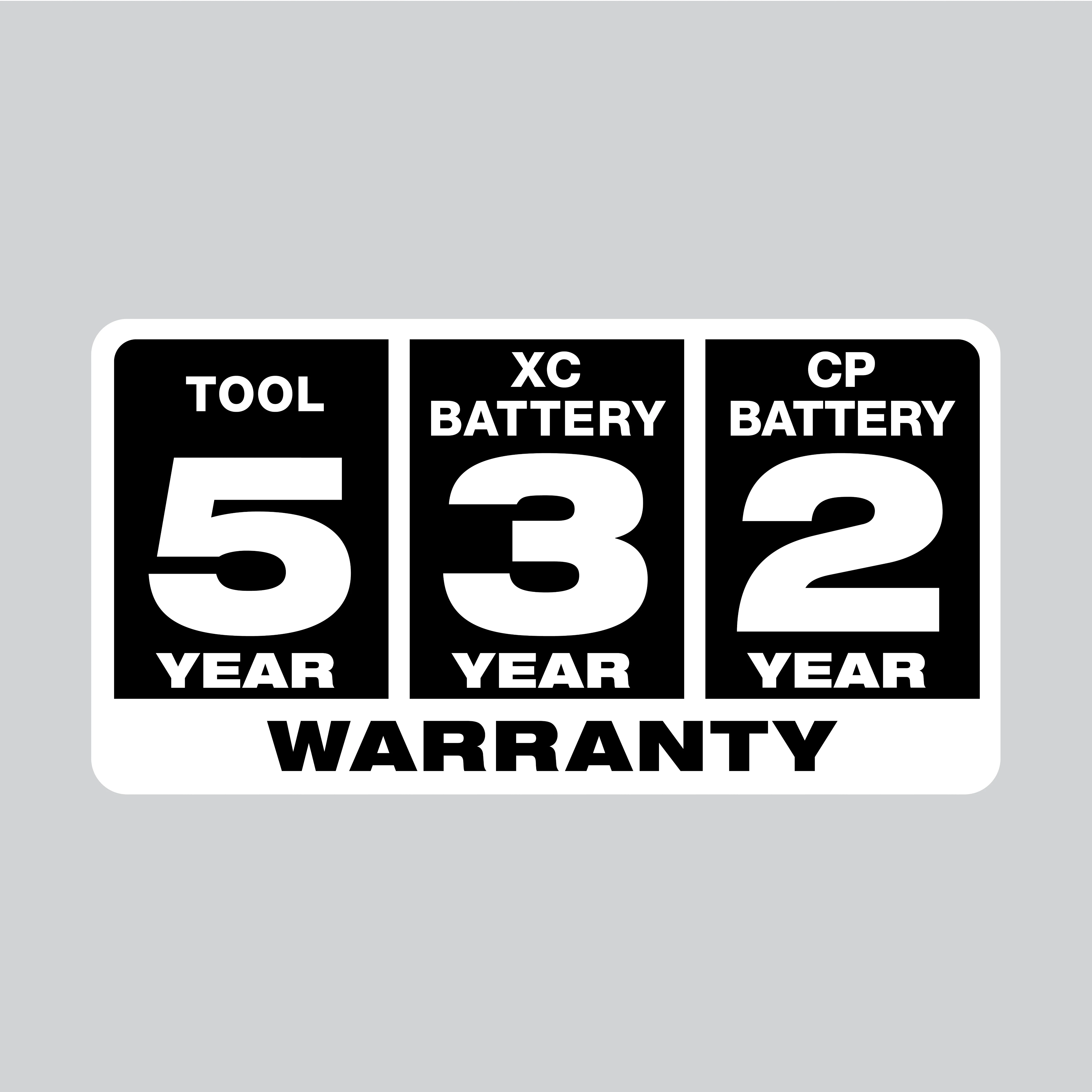 5 year tool, 3 year XC battery, 2 year CP battery warranty logo