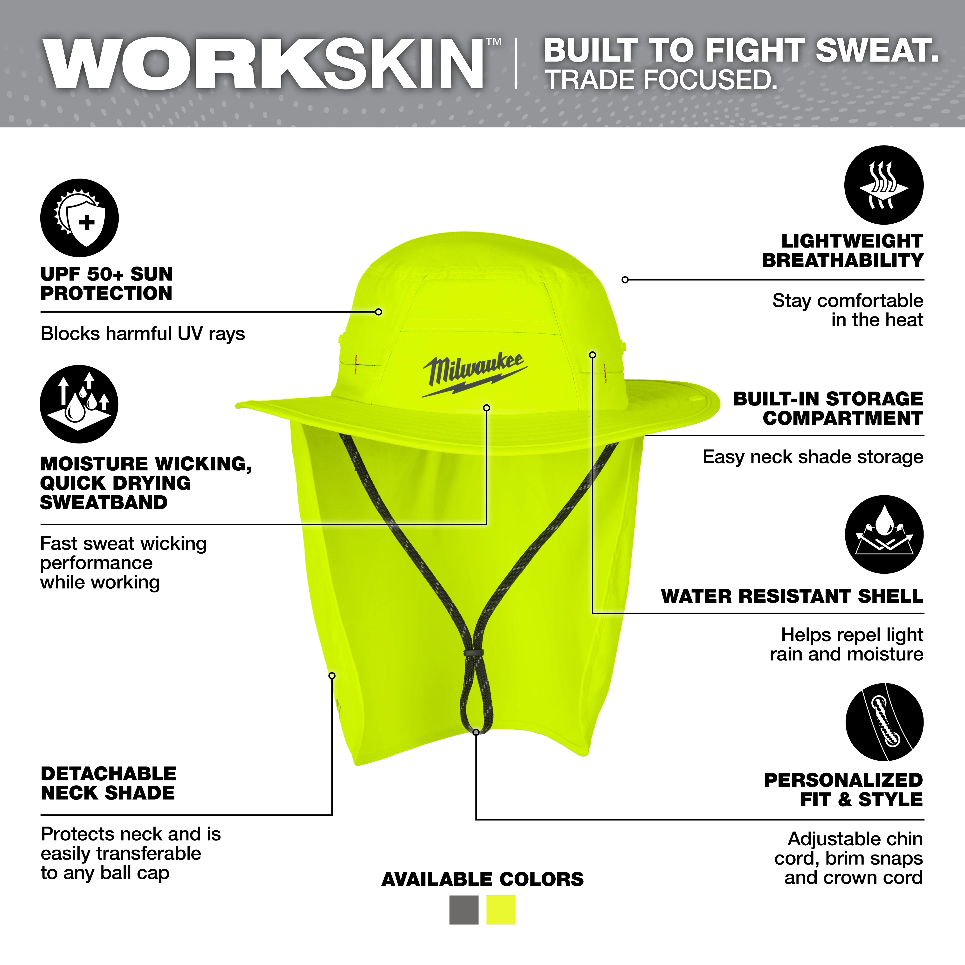 WORKSKIN Sunshade Hat - Yellow, featuring UPF 50+ protection, moisture-wicking sweatband, detachable neck shade, and water-resistant shell.