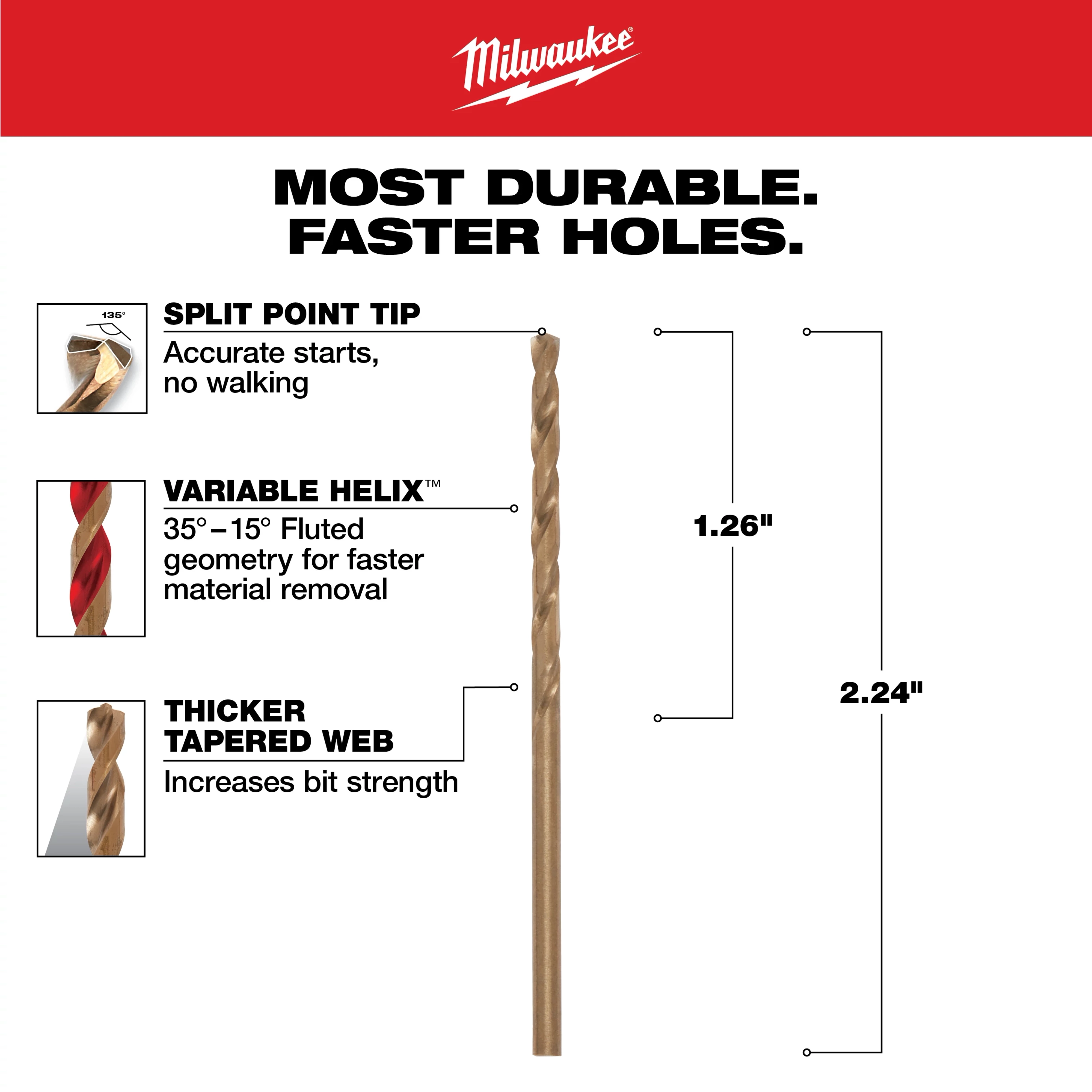 The 3/32 in. Cobalt Red Helix Twist Drill Bit features a split point tip for accurate starts, a variable helix for faster material removal, and a thicker tapered web for increased bit strength. Dimensions: 1.26 inches in length and 2.24 inches in height. Ideal for durable, faster holes.