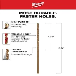 The 3/32 in. Cobalt Red Helix Twist Drill Bit features a split point tip for accurate starts, a variable helix for faster material removal, and a thicker tapered web for increased bit strength. Dimensions: 1.26 inches in length and 2.24 inches in height. Ideal for durable, faster holes.