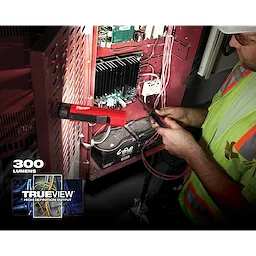 Person working on electrical panel with App%20Shot%20with%20overlay work light, illuminating with 300 lumens and TrueView high definition output.
