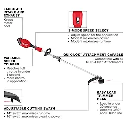 M18 FUEL String Trimmer w/ QUIK-LOK Kit with long shaft, rear motor housing, and labeled feature callouts.