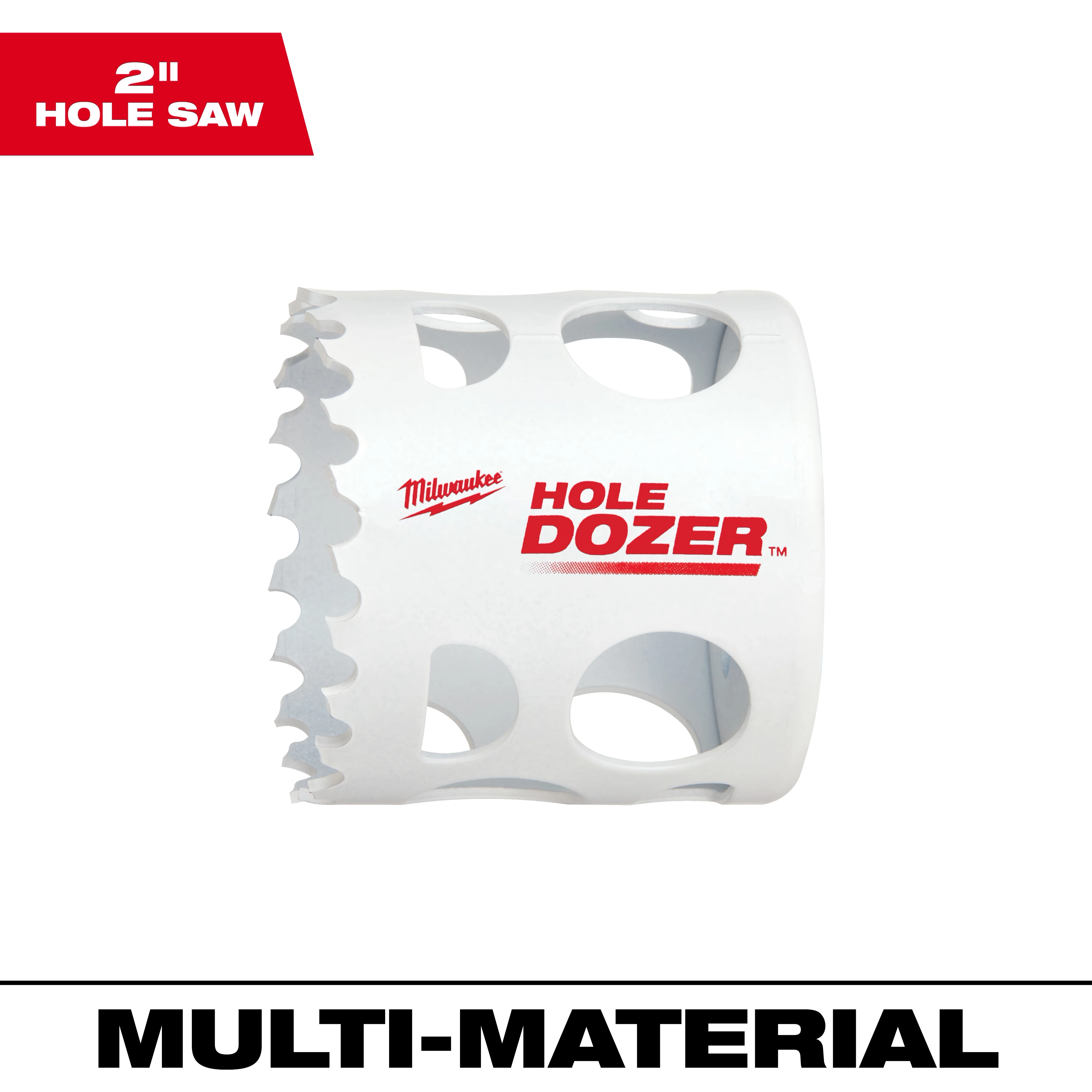Milwaukee 2" Hole Dozer Bi-Metal Hole Saw in white with serrated edge and circular cut-outs, for multi-material use.