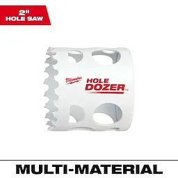 Milwaukee 2" Hole Dozer Bi-Metal Hole Saw in white with serrated edge and circular cut-outs, for multi-material use.