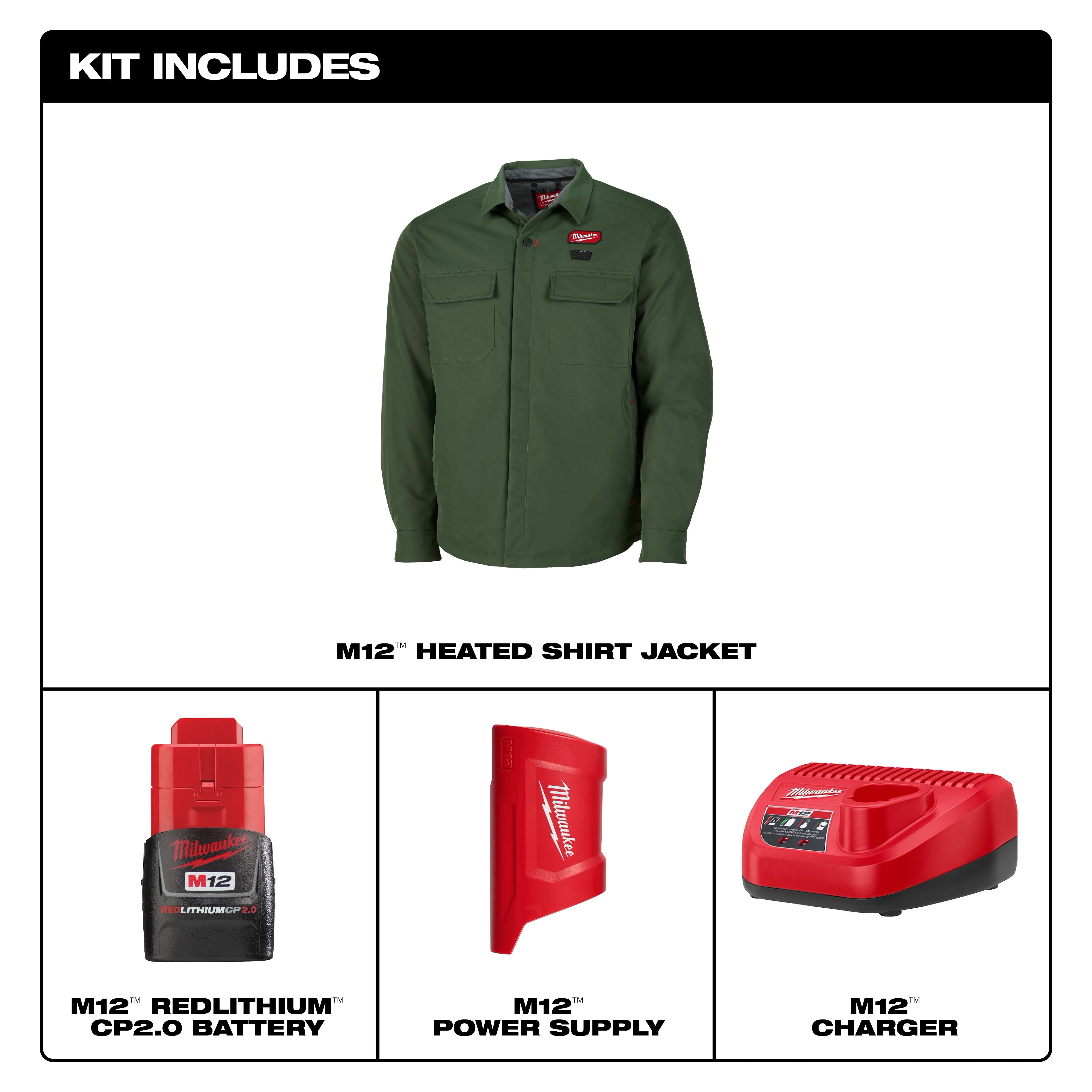 M12 Shirt Jacket - Green S-3X displayed with matching battery, power supply, and charger in a kit layout.