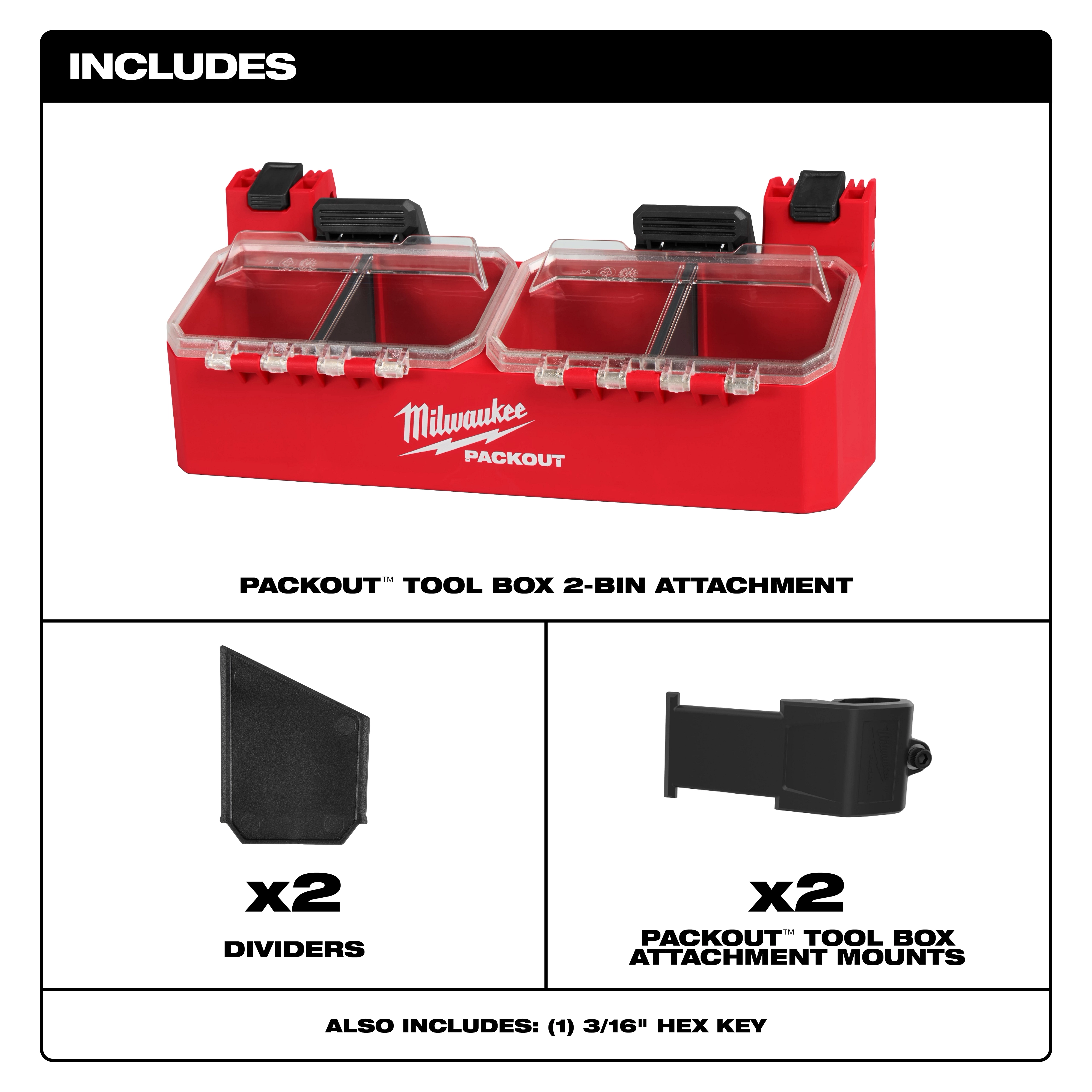 PACKOUT Tool Box 2-Bin Attachment includes a red, dual-compartment box with clear lids, two dividers, two attachment mounts, and a 3/16" hex key.