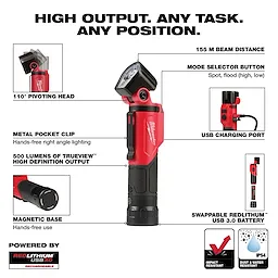 Walkaround flashlight features a 110° pivoting head, 155m beam distance, mode selector button, metal pocket clip, and magnetic base.