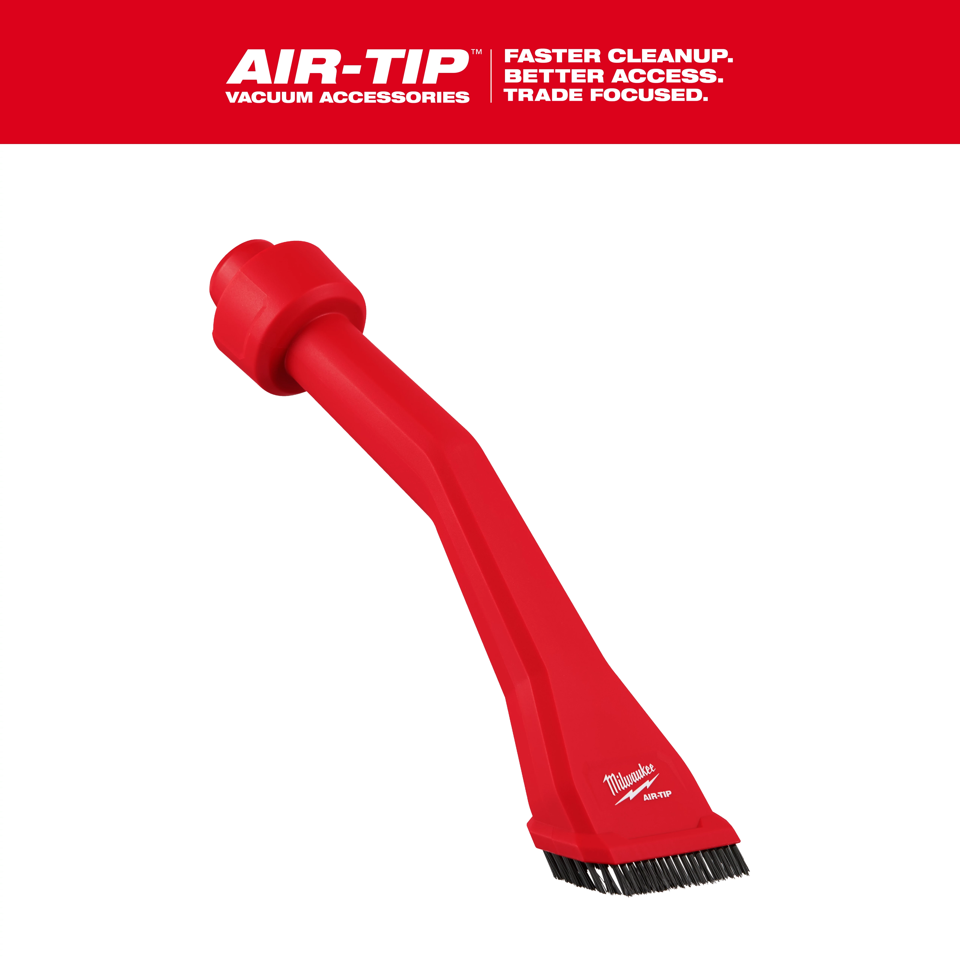 An image of the AIR-TIP™ Claw Utility Nozzle with Brushes. The nozzle is red with a brush at the end. The background features red and white text that says "AIR-TIP Vacuum Accessories" and slogans about faster cleanup and better access.