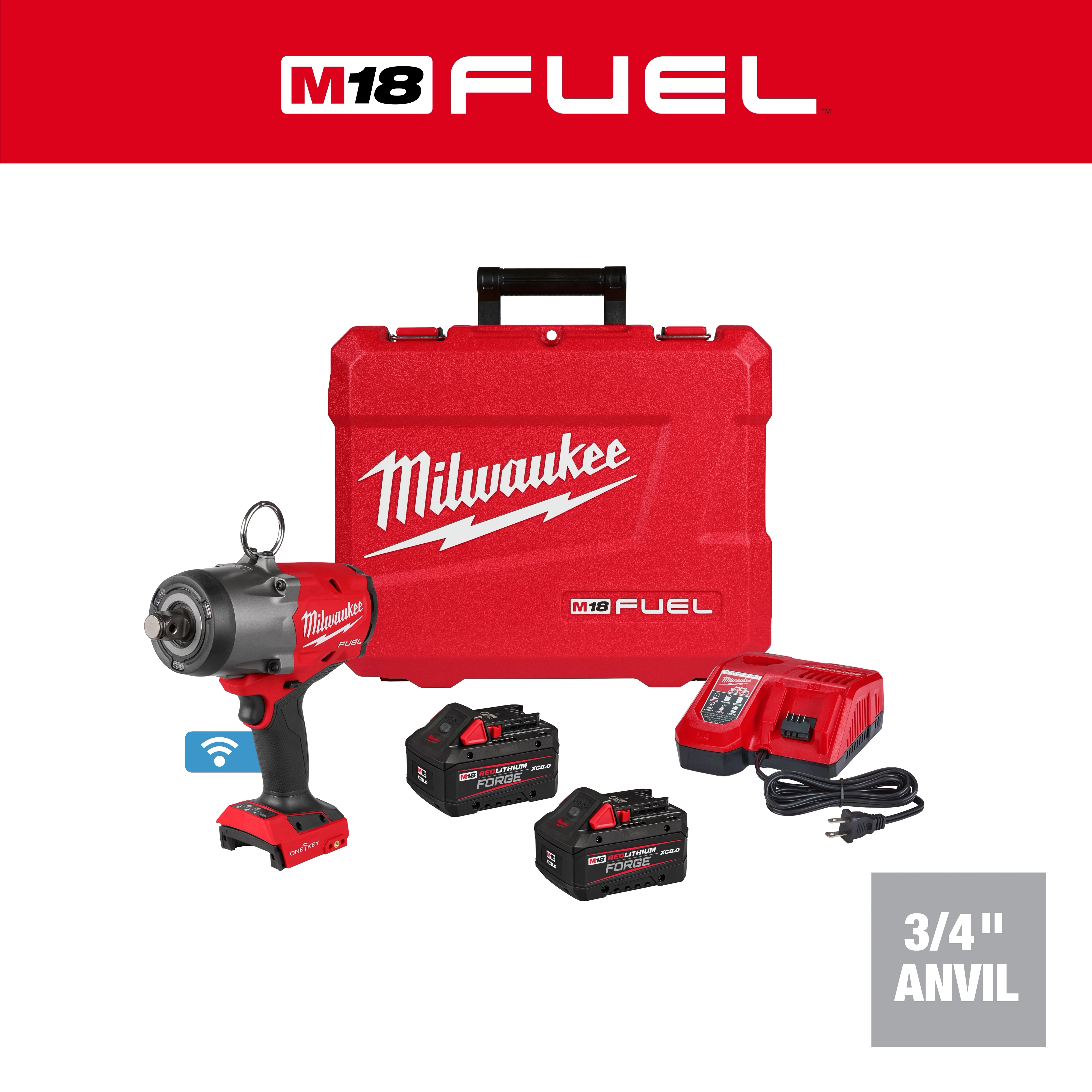 M18 FUEL 3/4" High Torque Impact Wrench w/ ONE-KEY Kit with case, two batteries, and charger on white background.