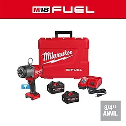 M18 FUEL 3/4" High Torque Impact Wrench w/ ONE-KEY Kit with case, two batteries, and charger on white background.