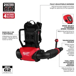 The image shows the M18 FUEL™ Dual Battery Backpack Blower. It highlights features such as fully adjustable harness, mode select with variable speed trigger, telescoping nozzle, and tool-free adjustable handle. It runs on 2 or 4 batteries (not included) for varying run-times and weight. Noise level is 62 dB(A).