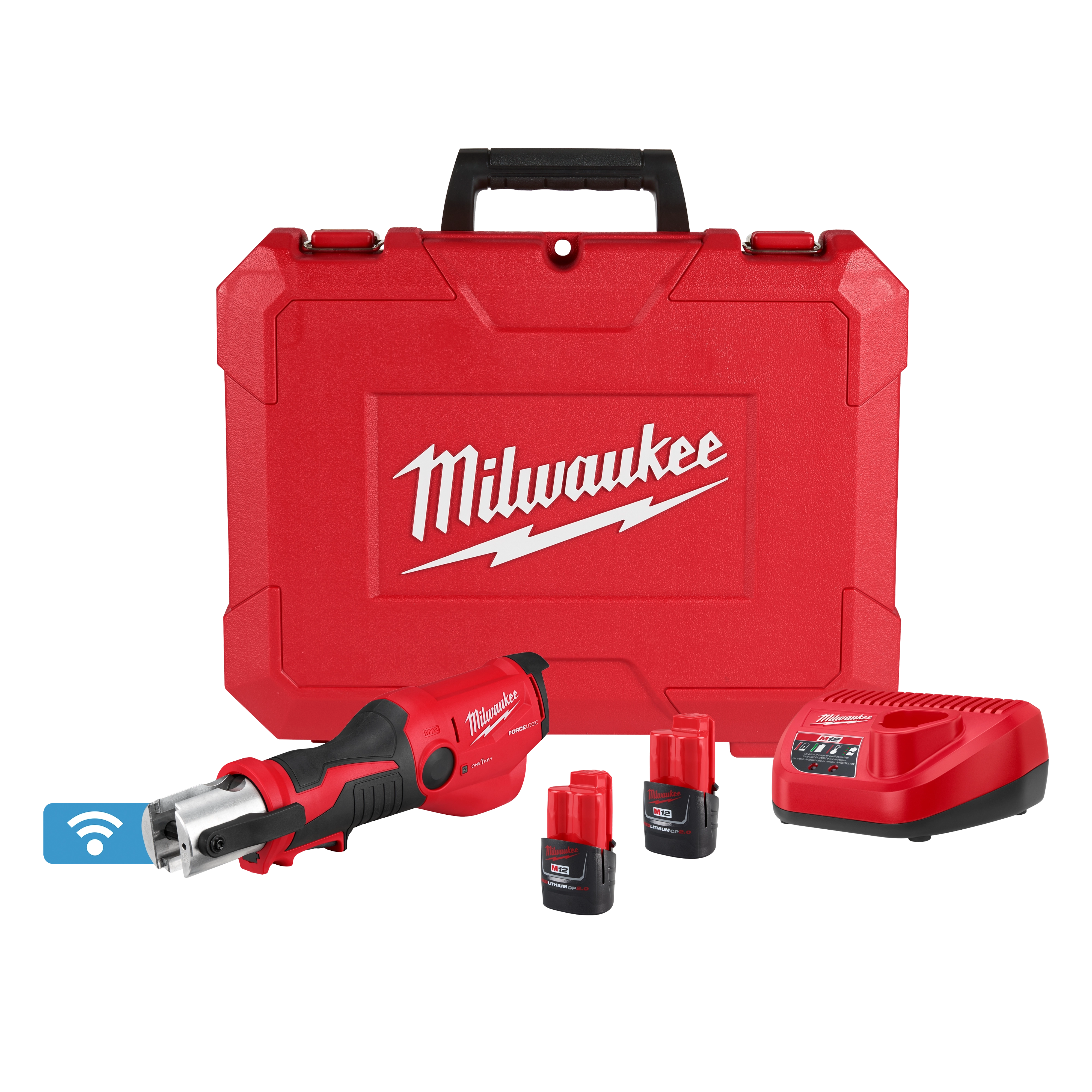 M12 FORCE LOGIC Press Tool Kit w/ ONE-KEY includes a red press tool, two batteries, a charger, and a red carrying case.