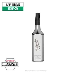 1/4" Drive T20 Tamper Proof TORX Bit Socket with a silver body and the brand logo etched on the side. Lifetime guarantee included.