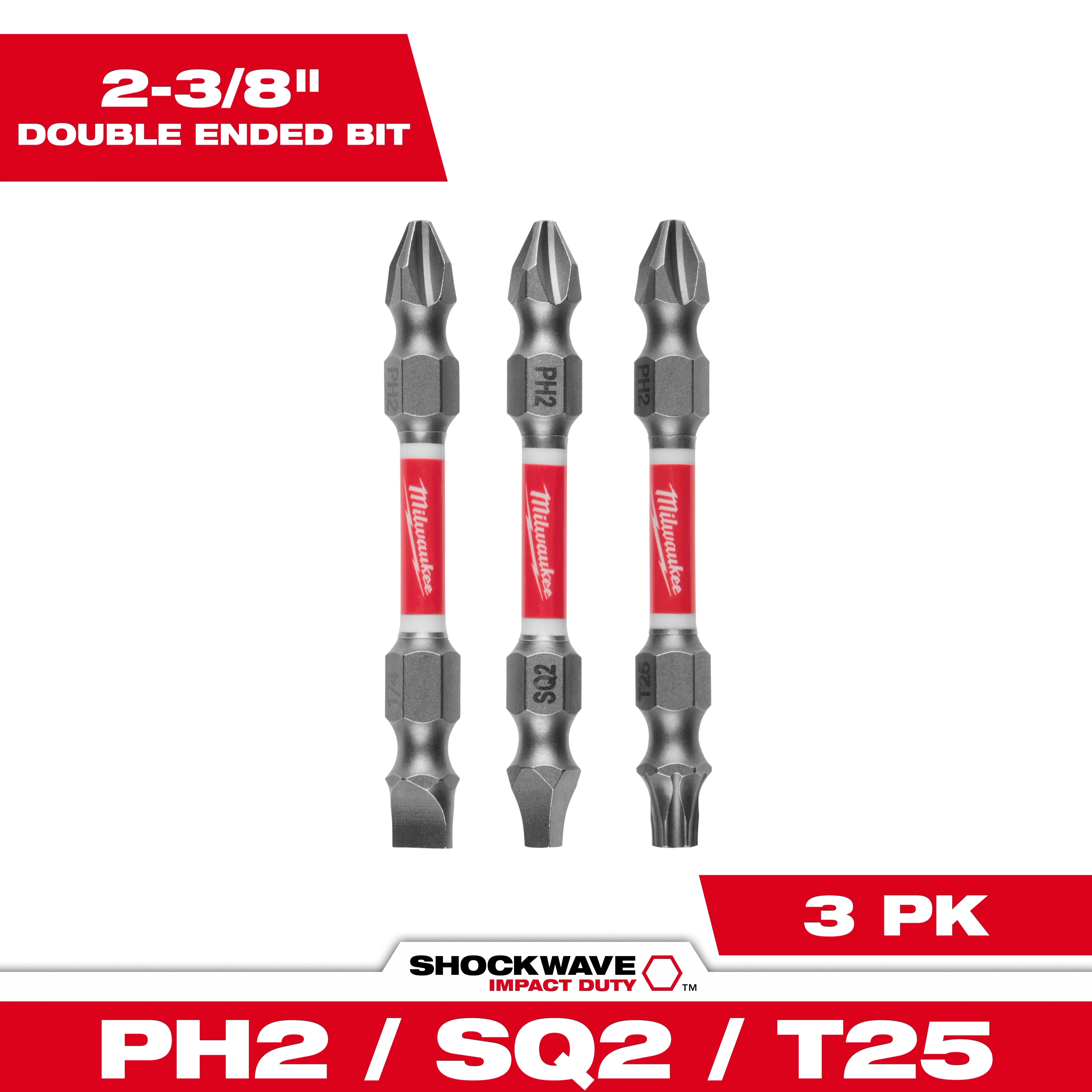 The image shows three SHOCKWAVE™ Impact Duty PH2/SQ2/T25 Double Ended Bits, each 2-3/8 inches long. The bits have a red and silver color scheme and are designed for high-impact use. The packaging indicates a 3-pack.