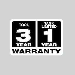 The image displays a warranty label stating "3 Year Tool and 1 Year Limited Tank Warranty" in black and white text.