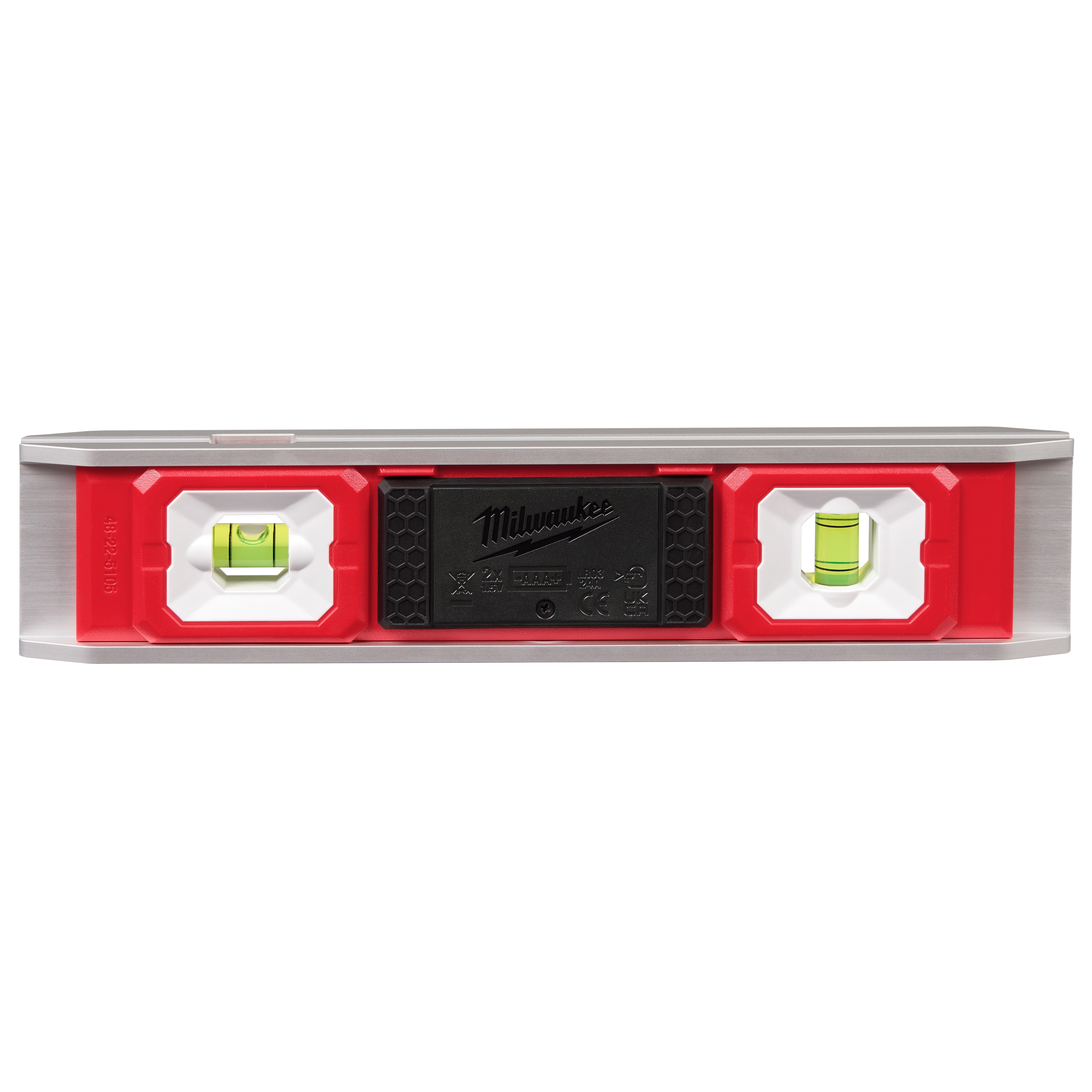 Image of a 9" Torpedo Level with Lighted Vials. The level features a red and metal body with two illuminated vials for vertical and horizontal leveling. The center has a black section with the Milwaukee logo.