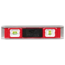 Image of a 9" Torpedo Level with Lighted Vials. The level features a red and metal body with two illuminated vials for vertical and horizontal leveling. The center has a black section with the Milwaukee logo.