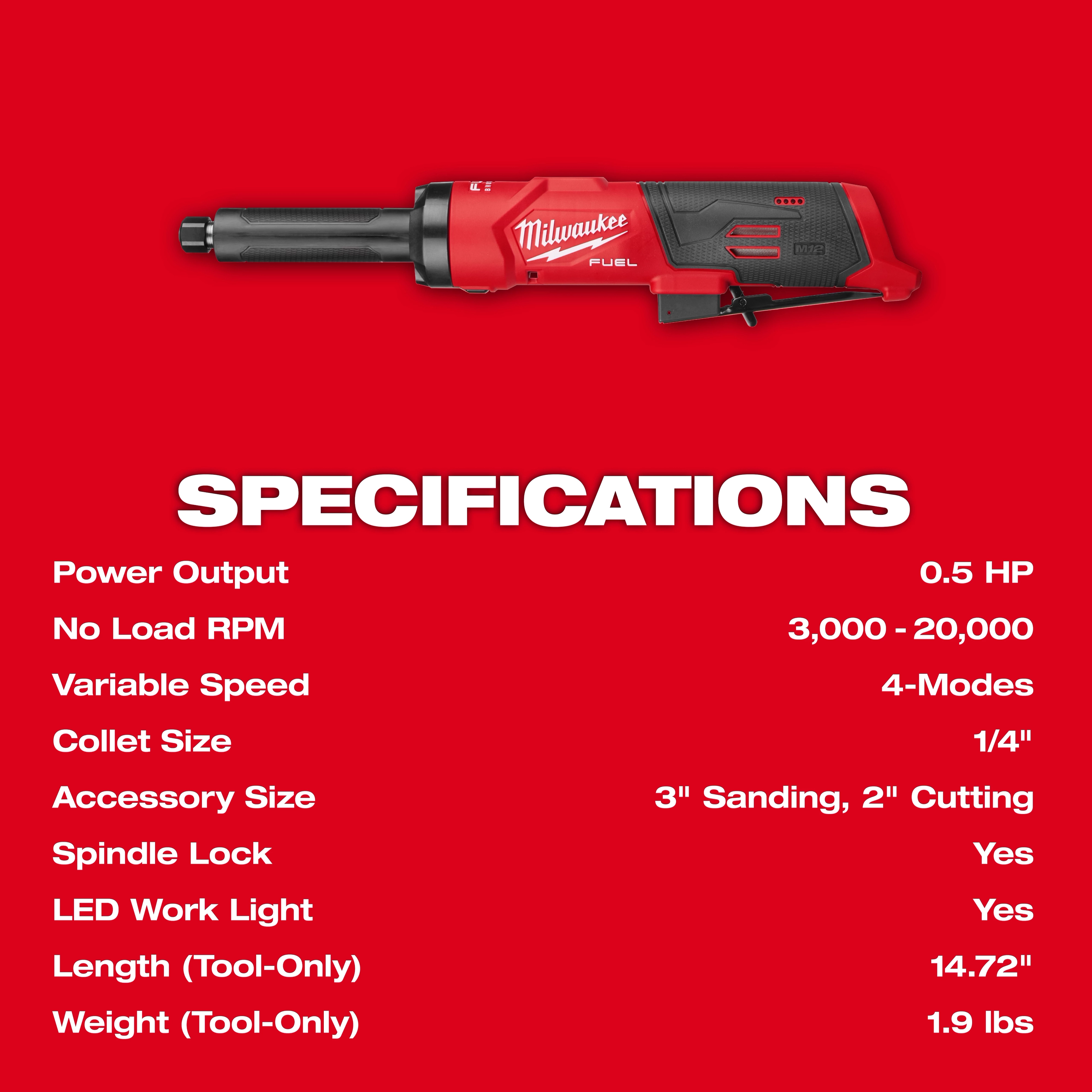 M12 FUEL 1/4" Extended Die Grinder displayed above its specifications on a solid background.