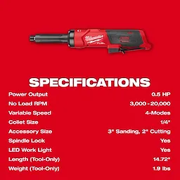 M12 FUEL 1/4" Extended Die Grinder displayed above its specifications on a solid background.