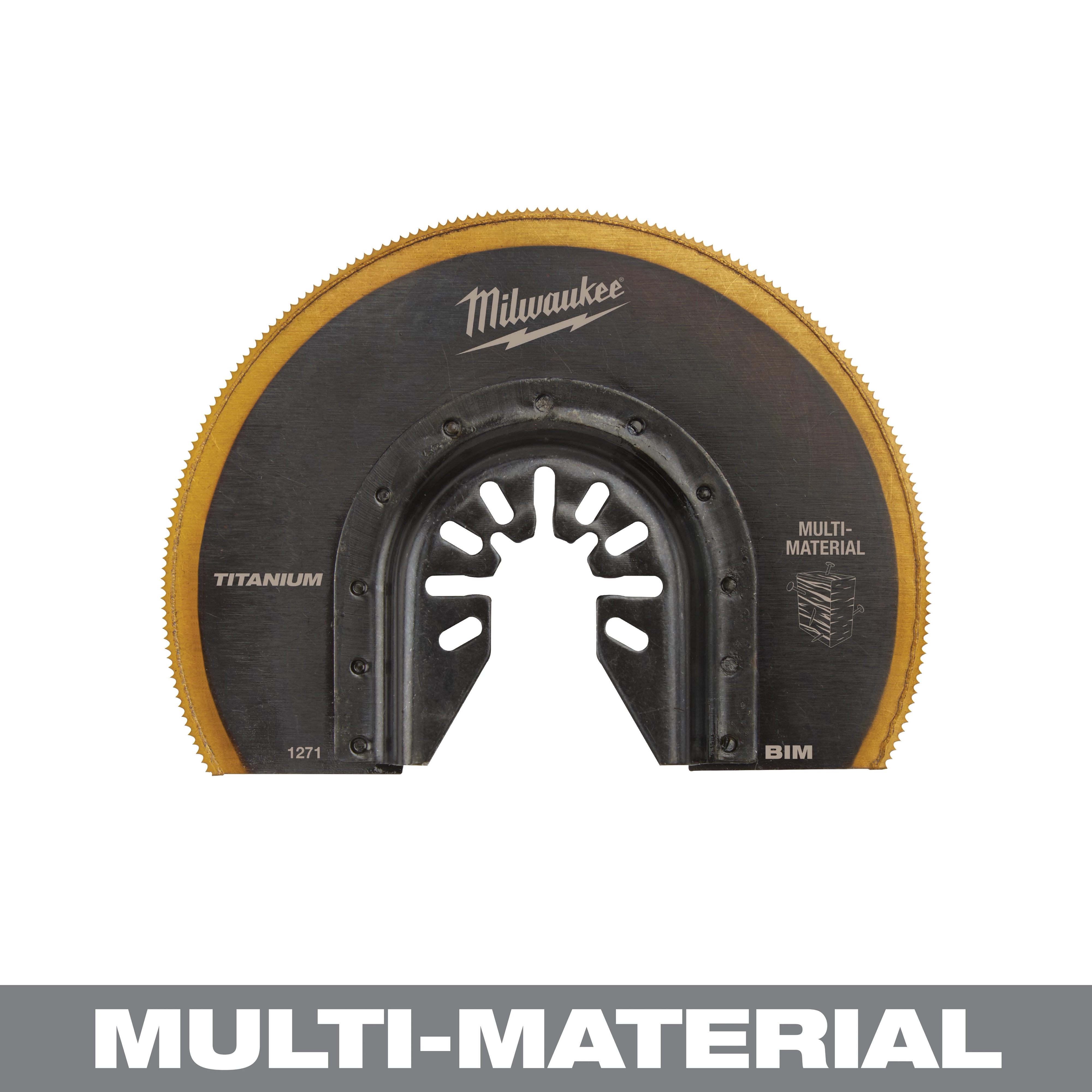 Milwaukee 49-25-1271 OMT blade with a titanium-coated edge for multi-material cutting. The blade is black and gold.