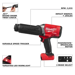 M18 FUEL STRIKER Hammer Chisel power tool with labeled features and controls on a plain background