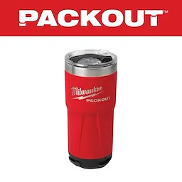 Red Milwaukee Packout insulated travel mug with a clear lid and silver rim, shown against a white background with red Packout branding.