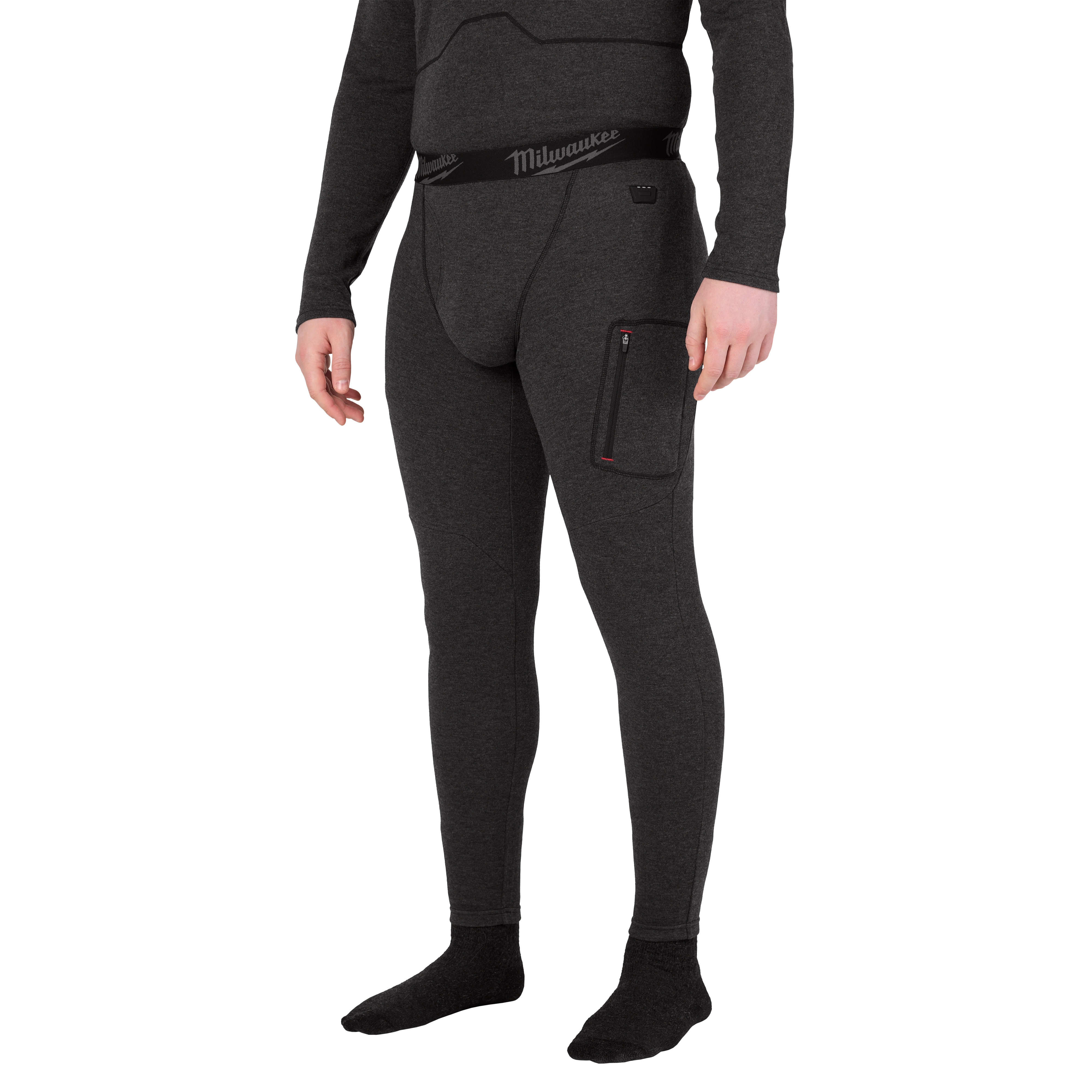 Milwaukee Heated Merino Wool Baselayer Pants in dark gray. Features elastic waistband, a front pocket, and heated functionality.