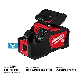 The MX FUEL™ Electrofusion Processor by Milwaukee is a compact, black and red device featuring digital controls and various wire connections. It facilitates instant setup without a generator, is up to 40% lighter for easier transport, and simplifies fusion. A blue Wi-Fi icon is displayed beside the product.
