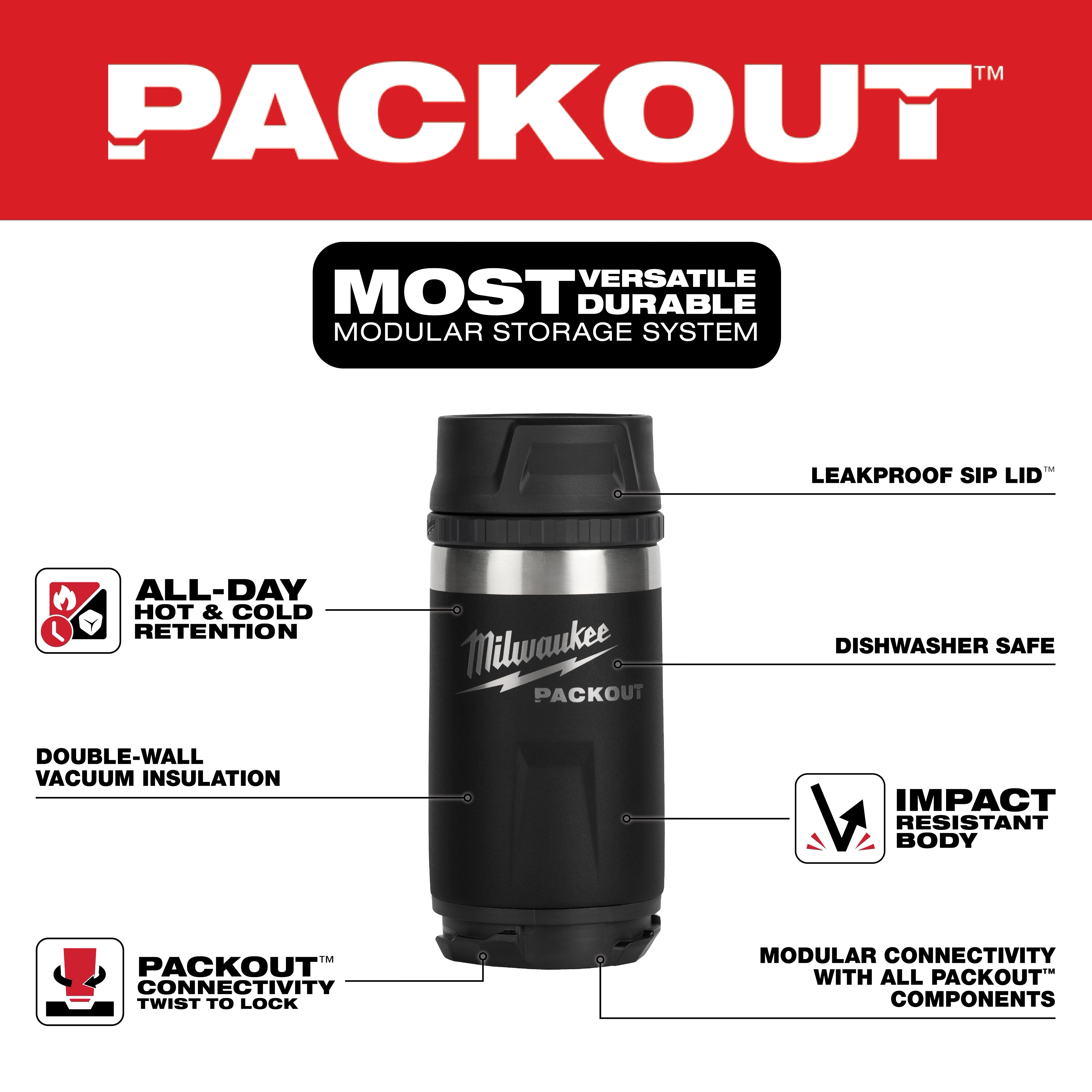 PACKOUT 12oz Insulated Bottle with Sip Lid featuring double-wall vacuum insulation, leakproof sip lid, and impact-resistant body.