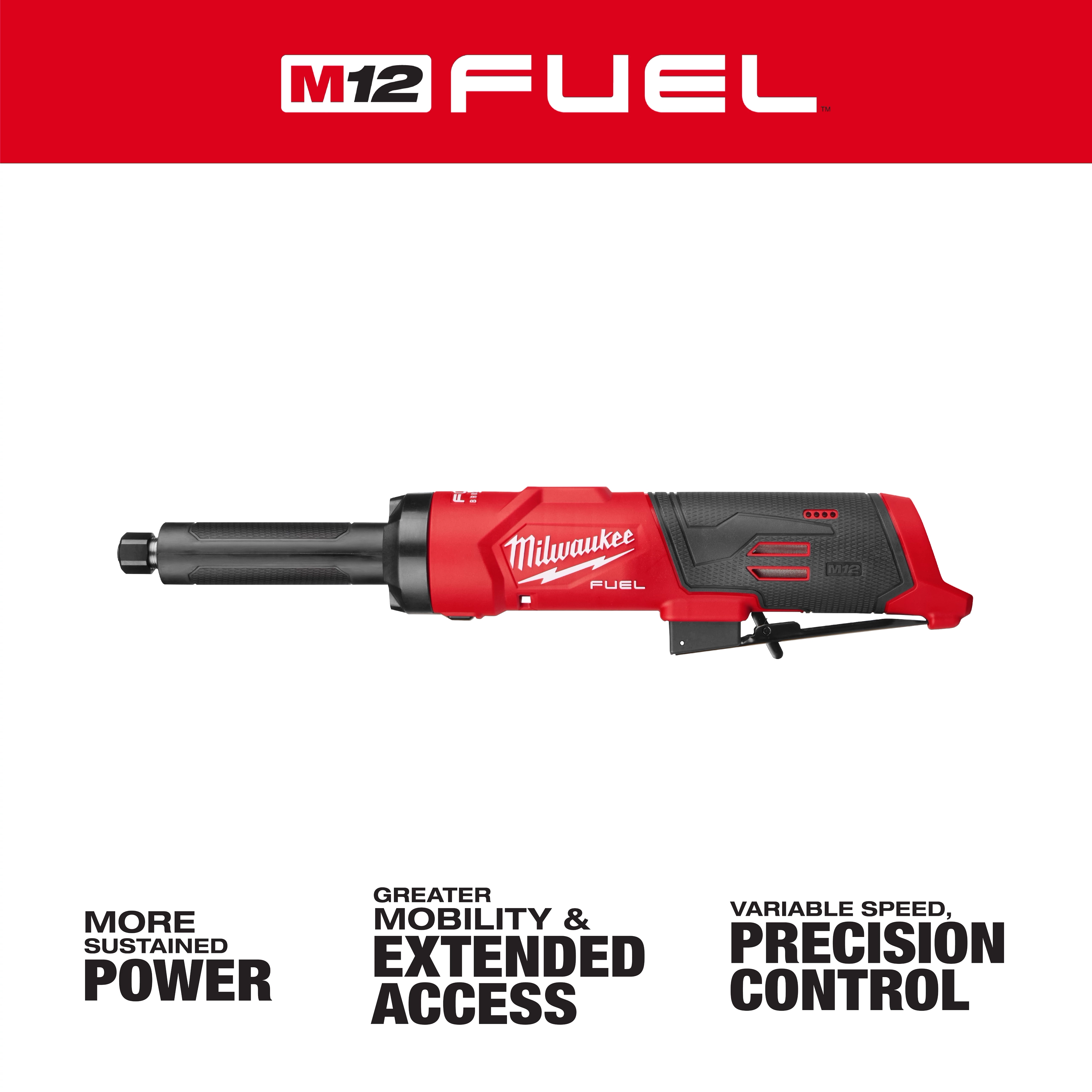 M12 FUEL 1/4" Extended Die Grinder displayed horizontally on a white background with red branding accents.