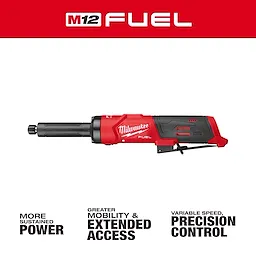 M12 FUEL 1/4" Extended Die Grinder displayed horizontally on a white background with red branding accents.