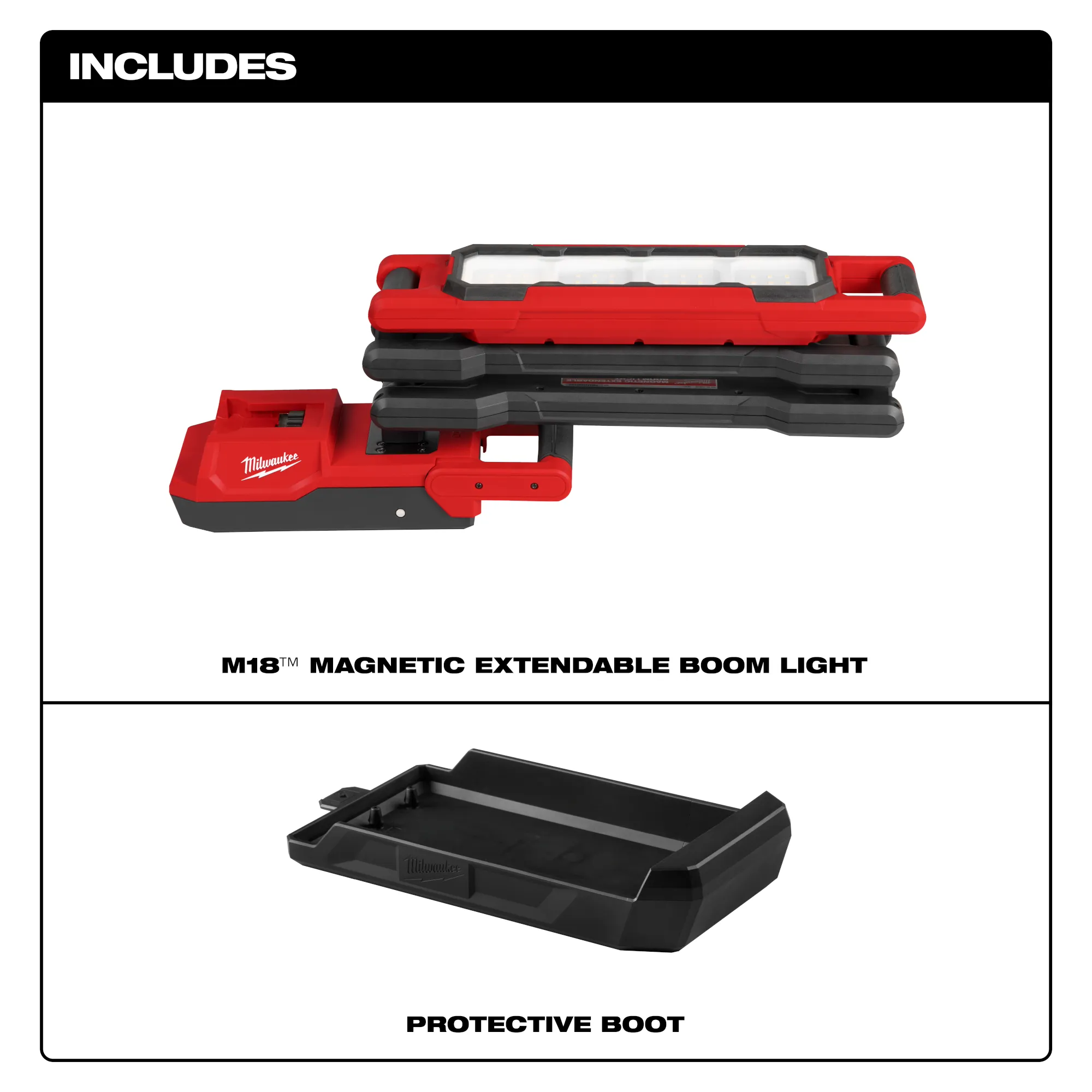 Includes image of the Milwaukee M18 Magnetic Extendable Boom Light and Protective Boot