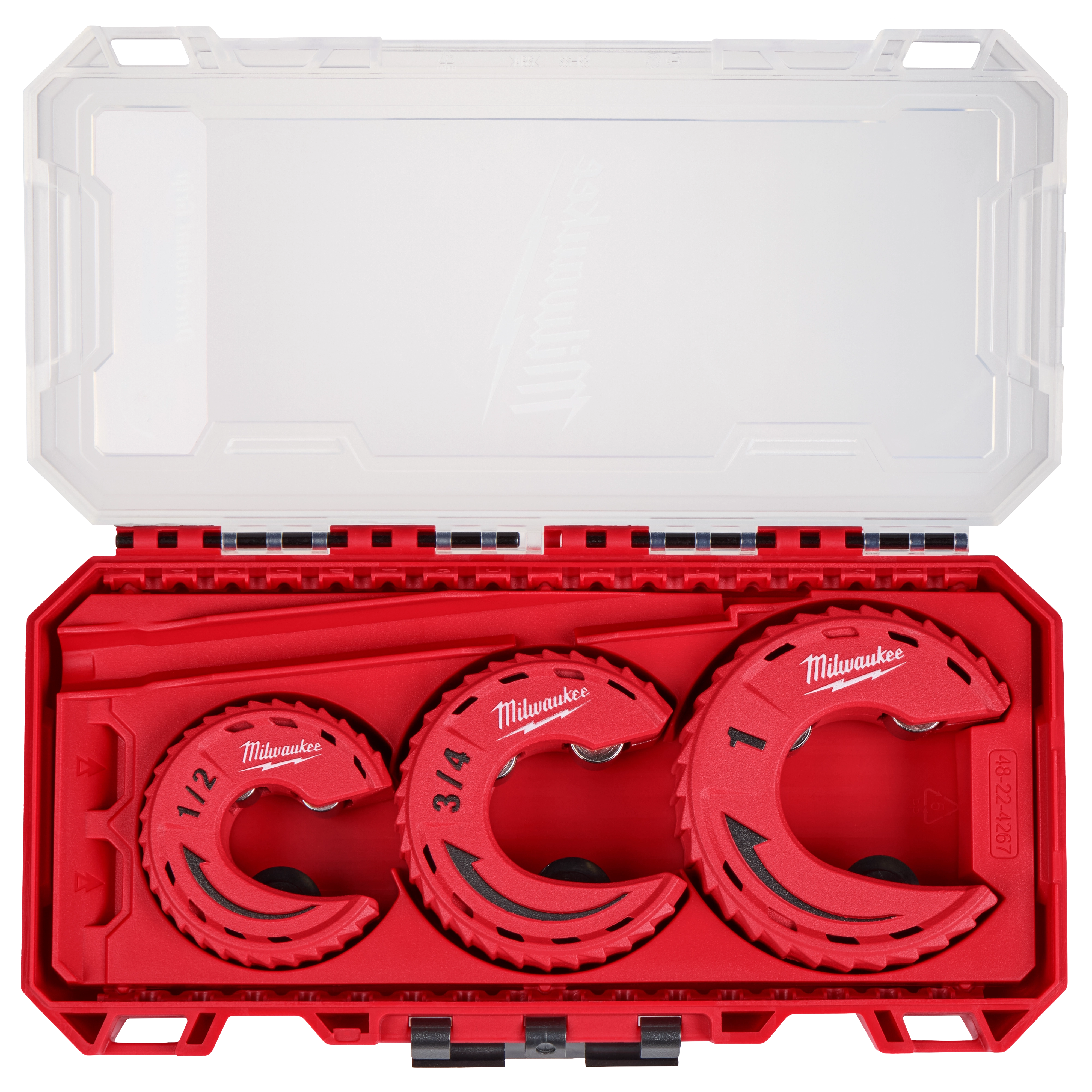 A case containing a 3pc Close Quarters Tubing Cutter Set by Milwaukee. The set includes three red cutters of different sizes (1/2, 3/4, and 1 inch), all neatly arranged in a red plastic case with a transparent lid.