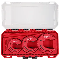 A case containing a 3pc Close Quarters Tubing Cutter Set by Milwaukee. The set includes three red cutters of different sizes (1/2, 3/4, and 1 inch), all neatly arranged in a red plastic case with a transparent lid.