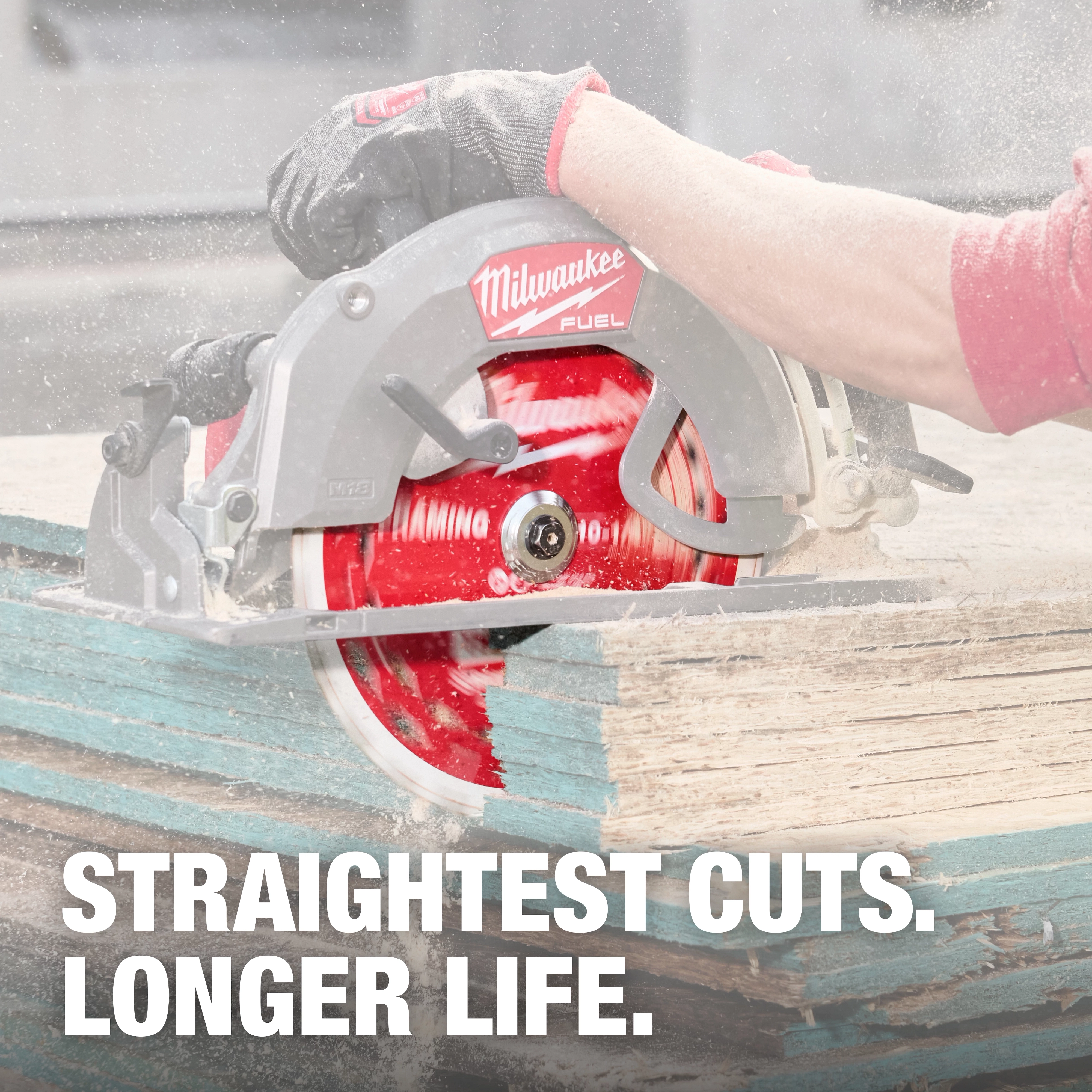 10-1/4” 28T Thick Kerf Framing Circular Saw Blade mounted on a circular saw cutting through a stack of wood. Text: "STRAIGHTEST CUTS. LONGER LIFE."