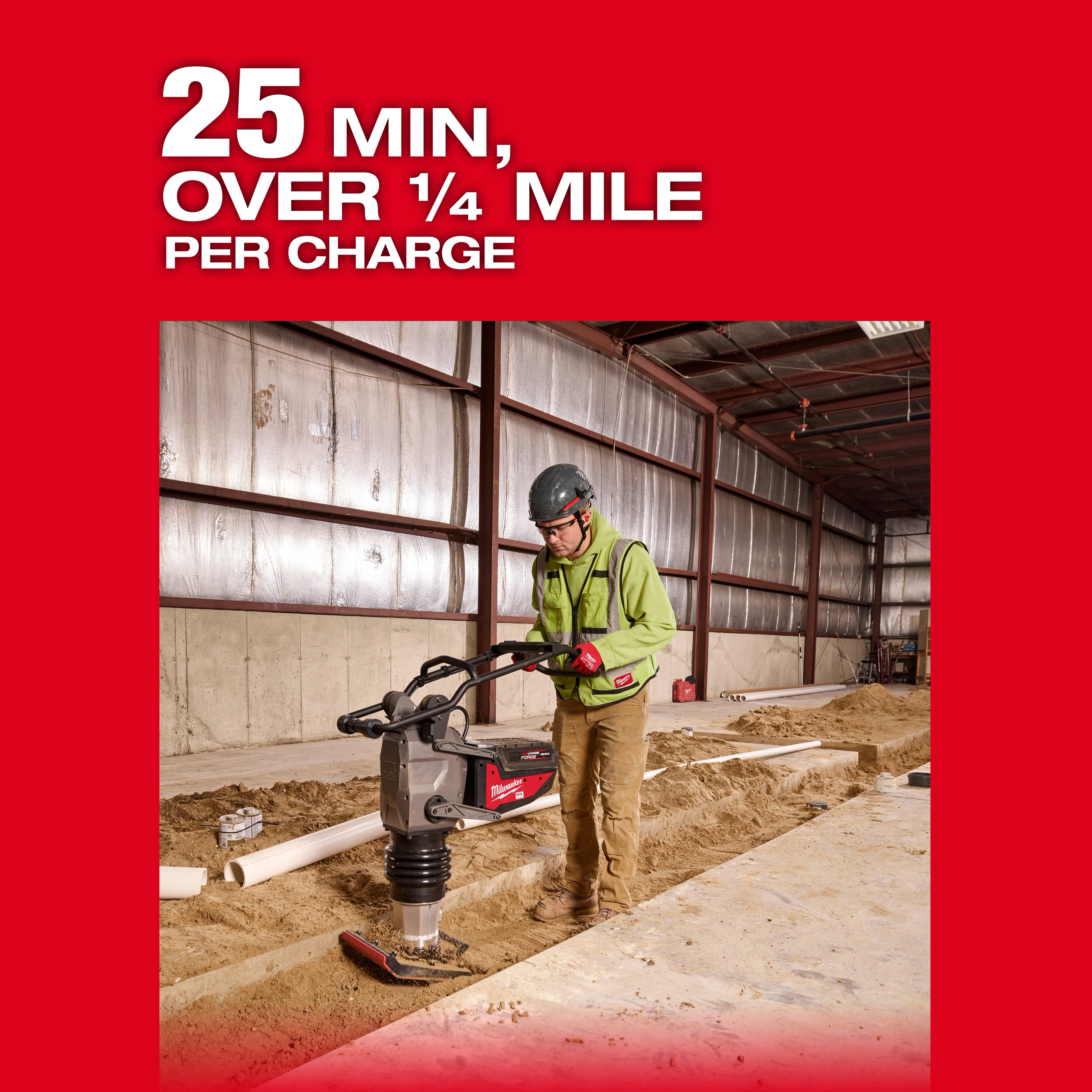 A worker operates the MX FUEL™ 70 kg Rammer in a construction site. The text above reads "25 MIN, OVER ¼ MILE PER CHARGE" on a red background.