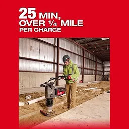 A worker operates the MX FUEL™ 70 kg Rammer in a construction site. The text above reads "25 MIN, OVER ¼ MILE PER CHARGE" on a red background.