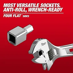Low Profile SAE and Metric Bit Socket featuring anti-roll four flat sides, wrench-ready design; set against a red background.