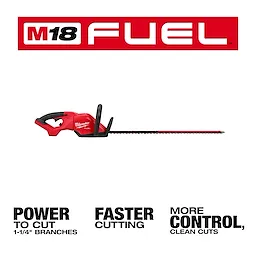 Image of an M18 FUEL™ 30" Hedge Trimmer. The trimmer is red with a black handle and blade. Text above it reads "M18 FUEL™." Below, there are three key features: "Power to Cut 1-1/4" Branches," "Faster Cutting," and "More Control, Clean Cuts."