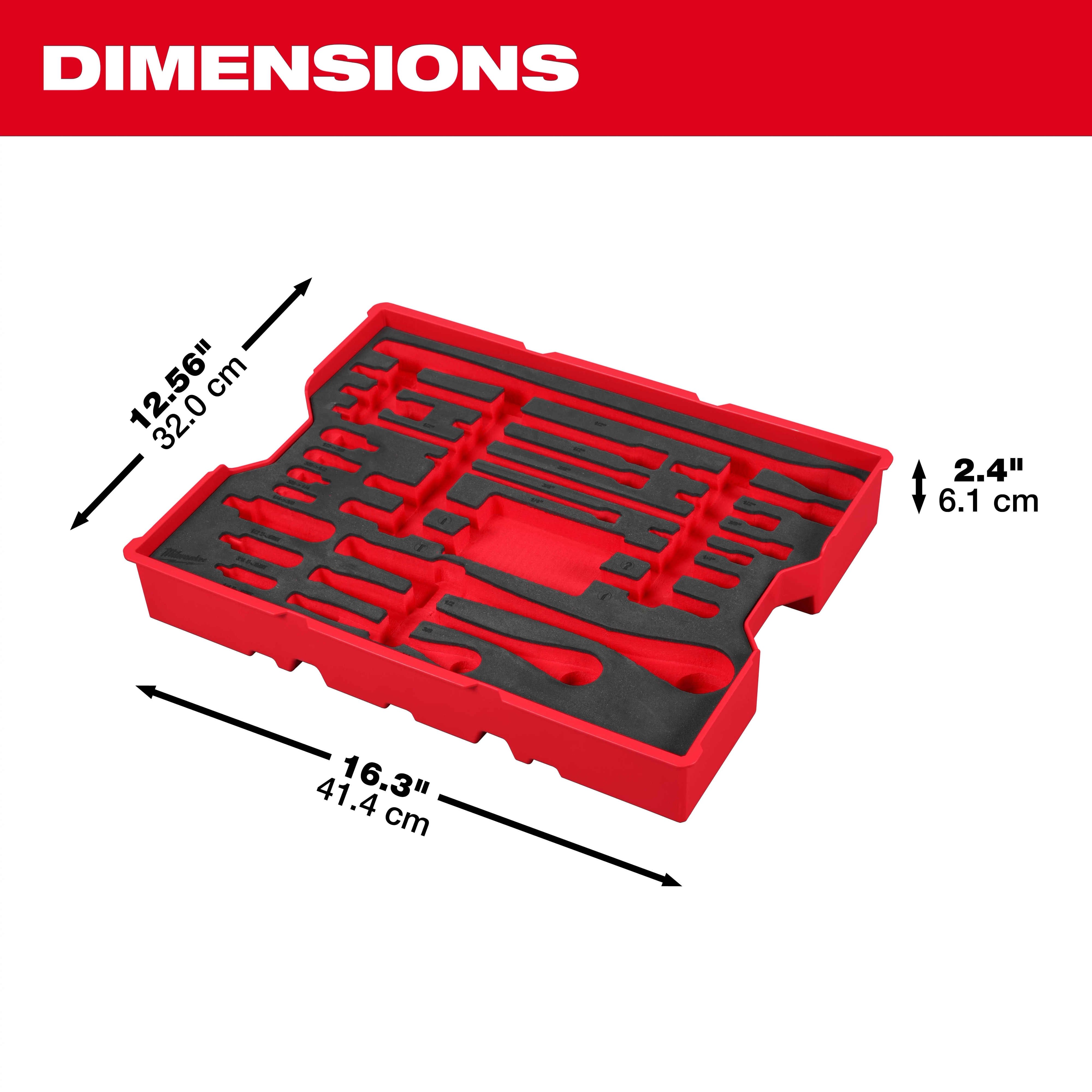 23 pc. 1/4”, 3/8”, & 1/2” Drive Ratchet and Accessory Set with Tray for PACKOUT Drawers shown with labeled dimensions.